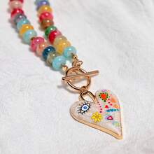 Handmade Colorful Glass Bead Necklace With Heart Pendant - Elegant O-Tassel Chain For Daily Wear & Parties, Perfect For All Occasions, Party Accessory |   Vibrant Accessory |   Handcrafted Jewelry, Necklace For - Color 5 - 查看 11