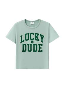 Áo thun ngắn tay cho bé trai, in chữ khẩu hiệu và hình cỏ bốn lá, thích hợp mặc mùa hè. - Màu xanh Bạc hà - Xem 2