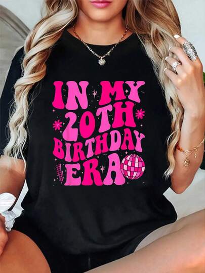 100% Cotton In My 20th Birthday Era Twenty 20 Years Old Birthday Women T-Shirt Short Sleeve Round Neck Casual Top For Summer & Spring, Women's Men's Graphic Tee