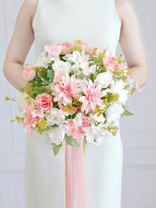 1件/3件装仿真6头牡丹丝花花束，新娘捧花材料，适用于家居、餐厅、花瓶装饰、婚礼装饰、背景幕布、婚车装饰（含DIY花环材料）、门廊装饰、花艺材料、情人节礼物、秋季装饰 - 粉紅白色 - 查看 4