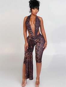 Women Lingerie Bodycon Jumpsuit Solid Color Sleeveless Deep V Halter Neck Backless Bodysuit Bodycon Sleepwear - Multicolor - View 1