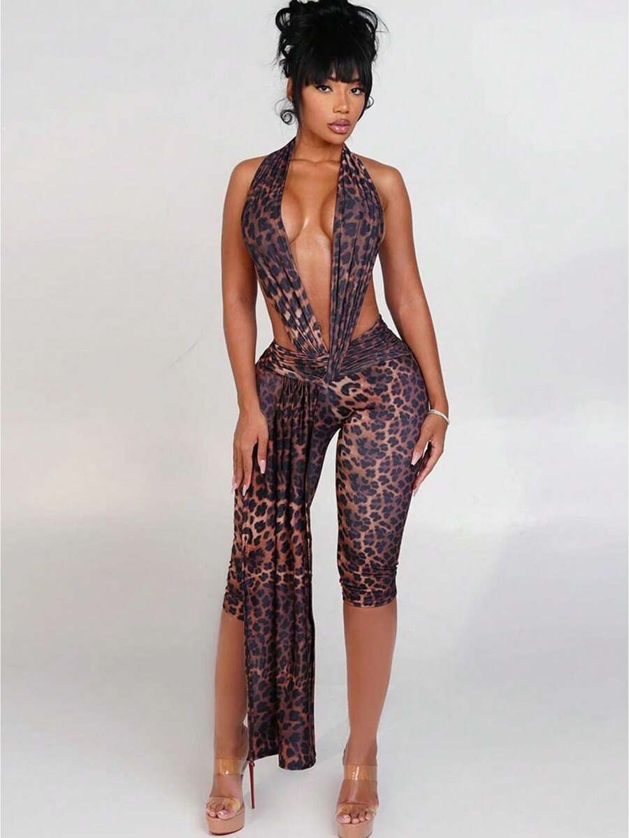 Women Lingerie Bodycon Jumpsuit Solid Color Sleeveless Deep V Halter Neck Backless Bodysuit Bodycon Sleepwear - Multicolor - View 1
