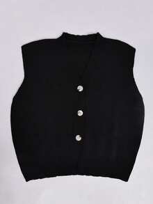 Women's Casual Solid Color V-Neck Long Sleeve Button-Up Knit Vest, Suitable For Spring And Autumn Outfits - Black - View 7