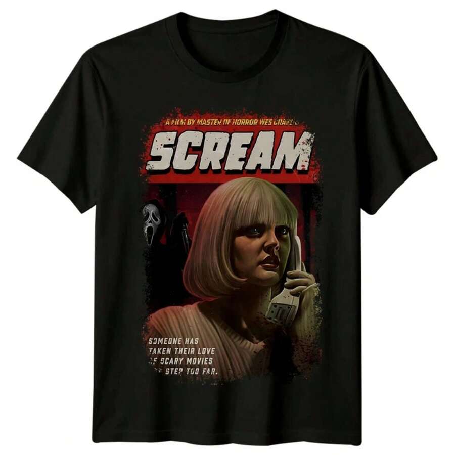 Camiseta de inspiración del póster de la película Scream: estilo retro de terror de los 90, capa base de algodón puro de alta calidad para todas las estaciones - Negro - Ver 1
