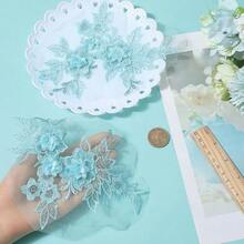 [Free Shipping]4Pcs Light Blue Floral Lace Applique Polyester Flower Embroidery Sew On Tulle Patches Vintage 3D Embroidered Soild Appliques For Sewing MaFKing Dresses Crafts Wedding Costumes Bridal Supply - LightBlue - 查看 4