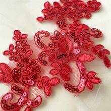 Mirror Pair Sequin Corded Flower Embroidery Lace Appliques Dress Patches For Craft Projects (Red + Sequin) - Red+Sequin - View 4