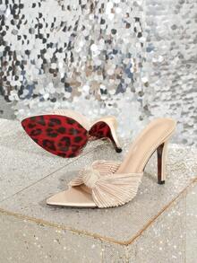 Women's Fashion Pleated Twist Pointed Toe One-Strap Stiletto Heel Sandals, Elegant Romantic Comfortable Versatile High Heel Slides - Khaki - View 6