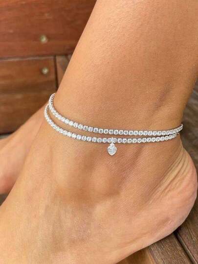 Bộ 2 chiếc vòng chân thời trang phong cách Hip-Hop màu bạc đính đá lấp lánh, thích hợp cho nữ giới đeo hàng ngày và dự tiệc.