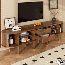 TV Cabinet 69 In With Sliding Door, Walnut Look & Large Storage – Country-Style TV Stand Made Of MDF With Open Shelves, Drawers & Cabinet – Natural Design - Wood + MDF - View 5