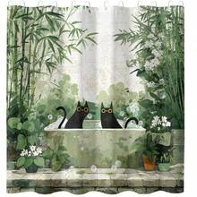 Funny Black Cat Shower Curtain, Green Plants Botanical Bathroom Decor, Waterproof Polyester With Hooks - trắng - Xem 3