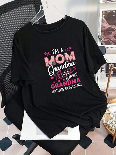 Plus Size Women's Daily Floral-Decorated MOM Text Ribbon Patterned Decorative Elements "I'M A MOM Grandma AND A Great GRANDMA NOTHING SCARES ME" Print Pattern Round Neck Short Sleeve Casual Spring/Summer/Fall Plus-Size T-Shirt Valentine's Day/Back-To-School Summer,Summer Outfits,Summer Clothes,Summer Holiday Outfits,Summer Tops Tops For Women