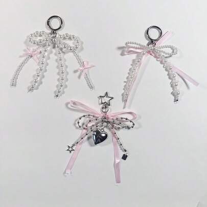 Decoración surtida de lazos, cadena de perlas, dijes con colgante de corazón de metal, adecuado para bolso, llavero, decoración de teléfono, accesorios de moda, estilo gótico Y2K, regalos delicados, decoración de boda, regalo de cumpleaños, mochila, colgante de bolso