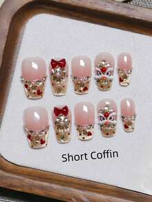 10片手工美甲，椭圆棺材形亚克力按压式美甲，短款、中款、长款可选，柔和粉色美甲，闪亮金色猫眼法式美甲，波点爱心舞狮图案，3D蝴蝶结镶钻美甲，新年礼物，时尚优雅简约新年美甲，冬季假指甲，节日美甲，适合派对、日常、约会、海滩、热带度假等场合，DIY美甲，适合女性和女孩作为礼物美甲用品 - 粉色 - 查看 31
