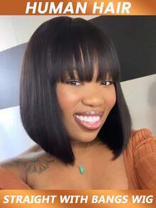 Straight Bob Human Hair Wigs With Bangs Short Brazilian Human Hair Full Machine Made Human Hair Wig Middle Part Bob Lace Wigs 200% Density - Natural Black - View 2