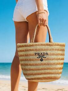 Prada 轻便条纹编织草编手提包，带刺绣logo，适合度假旅行，可用作化妆包 - 棕色 - 查看 3