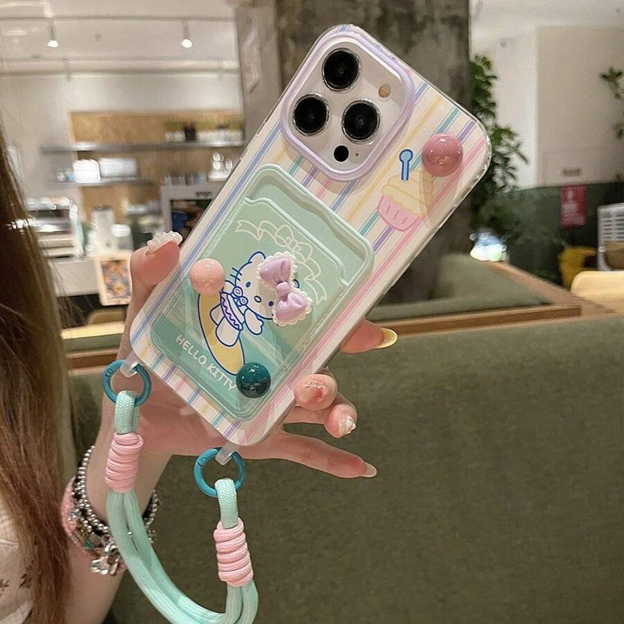 INS Korean Style New Rainbow Stripe Hello Kitty 3D Bow TPU Phone Case With Lanyard, Soft Cover Compatible With IPhone 17 Pro Max/16/15/14/13/12, Fashionable Sanrio Kawaii Phone Case - Multicolor - View 1