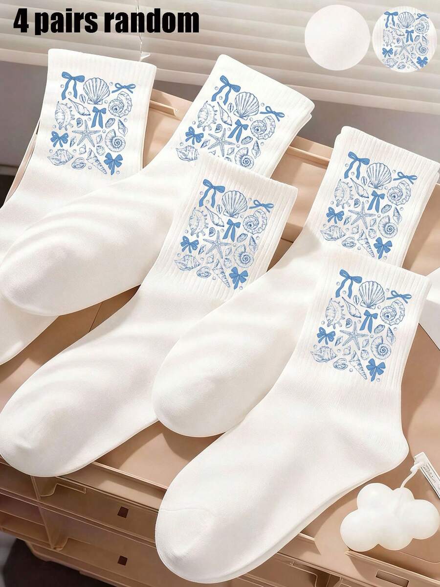 4双随机颜色船袜，白色女童袜，纯色白色儿童袜，运动跑步袜，可爱袜子，夏季贝壳蝴蝶结情人节礼物，返校学生青少年儿童袜 - 彩色 - 查看 1