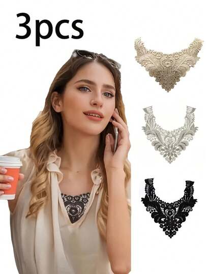 3pcs Elegant Women's Lace Collar Inserts - Floral Pattern, Suitable For Dresses, Blouses And Jackets (Hand Wash Only), Ideal For Sewing Projects