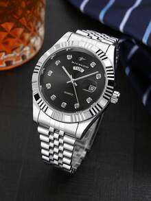 RICECGO 1 件男士商务石英表，奢华时尚男士腕表，带夜光双日历显示，不锈钢表带，适合日常佩戴，是情人节或生日送给男士的理想礼物 - 銀色 - 查看 3