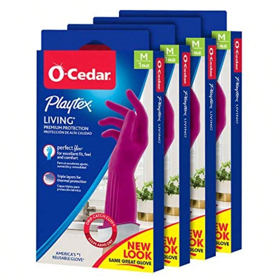 O-Cedar Playtex Gloves Living Reuseable Rubber Cleaning Gloves Premium Protection Size - Medium 1 Pair - 4 Pack - như hình ảnh - Xem 1