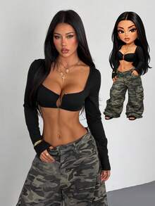 AITYI Studio Women's Top, Well Fit Casual Oblique Shoulder Metal Decor Hollow Out Design, Fashionable Sexy Comfortable Slim Fit, Versatile For Outdoor, Street Style, Y2K, Graduation, New Year, Valentine's Day, Spring & Autumn Knit Long Sleeve T-Shirt - Black - View 3