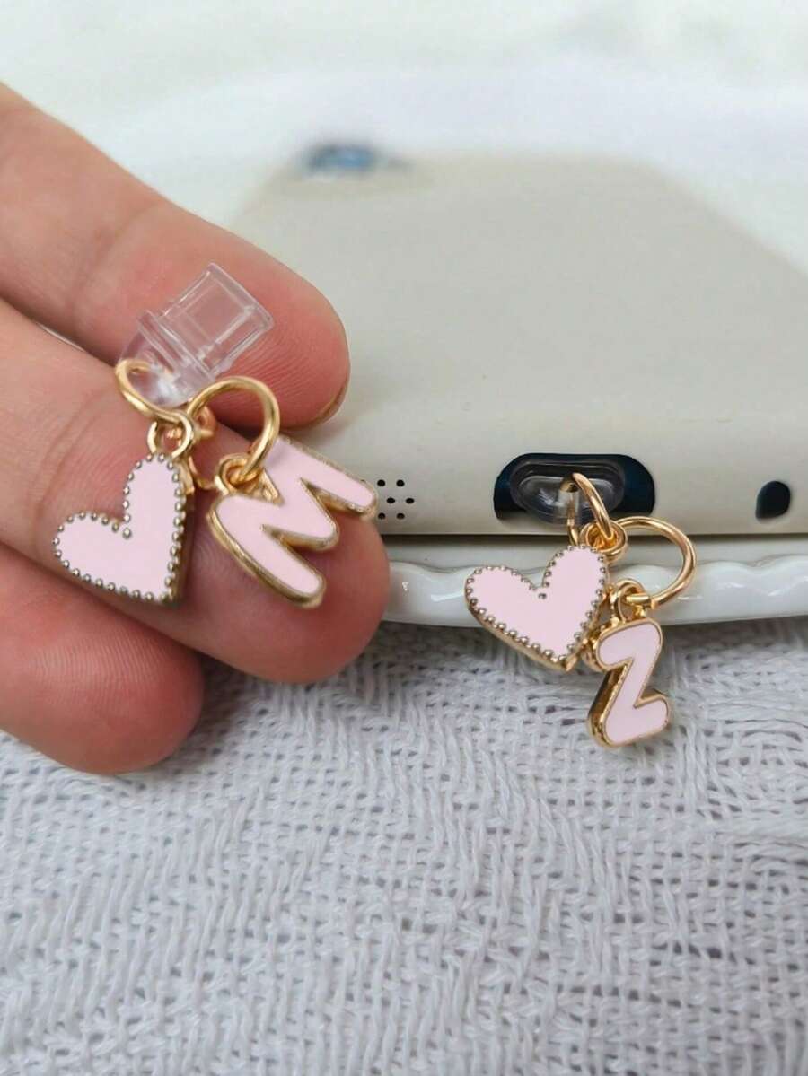 1pc Pink Heart-Shaped Metal Dust Plug, 26 Letter Heart Charging Port Protector Cover, DIY Phone Decor Compatible With Apple/Type-C, Mobile Device Dust-Proof Accessory, Girly Letter Heart Dust Plug, Gift For Friends, Valentine's Day Gift, Festival Small Gift Gifts For Mother, Family, Friends, Kids, Birthday, Holiday Phone Accessories Phone Charm - Pink IPhone - View 1