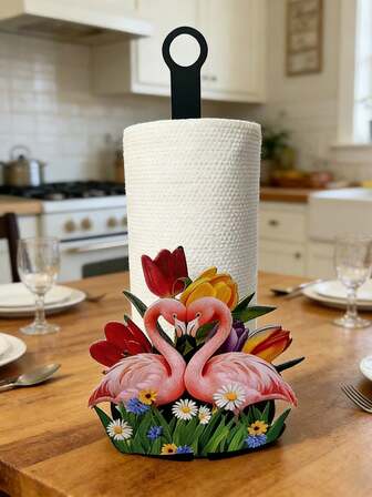 Flamingo & Floral Design Tissue Paper Holder, Iron Made With Anti-Slip Base, Nature-Inspired Design, Suitable For Kitchen Countertop, Living Room, Dining Table, Bedroom, Bathroom, Indoor Windowsill, And All Holiday/Party Decor