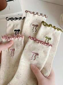 5 Pairs Women's Polka Dot Bow Ruffle Hem Thick Mid-Calf Socks, Suitable For Autumn/Winter - Multicolor - View 2