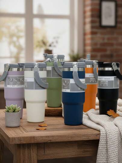 1pc 20oz/30oz Minimalist Stainless Steel Vacuum Insulated Travel Mug With Rotating Handle, Leak-Proof, Keeps Hot/Cold For 12/24 Hours, Suitable For Office, Commute, Hiking, Driving, Practical Gift For Men & Women