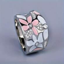 1pc Vintage Elegant Enamel Flower & Micro-Inlaid Zirconia Resin Women Ring - Pink - View 8