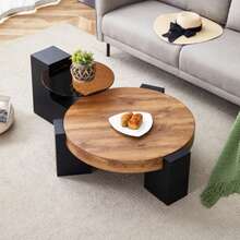Modern, Simple Round Coffee Table With Two Levels - Transparent Brown Glass Top And Black L-Shaped MDF Legs. The Detachable Design Allows For Flexible Room Use.