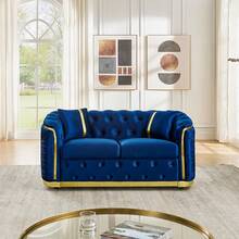 YOGLAD 1pc Luxury Italian Velvet Chesterfield Sofa Set 3+2 Seater, Split Living Room Sofa Couch With Gold Stainless Steel Trim, Button Tufted Curved Arm Velvet Sofa, Modern Light Luxury Upholstered Loveseater + 3-Seater Set With Throw Pillows For Home Living Room Apartment - 藏蓝色 - 查看 8