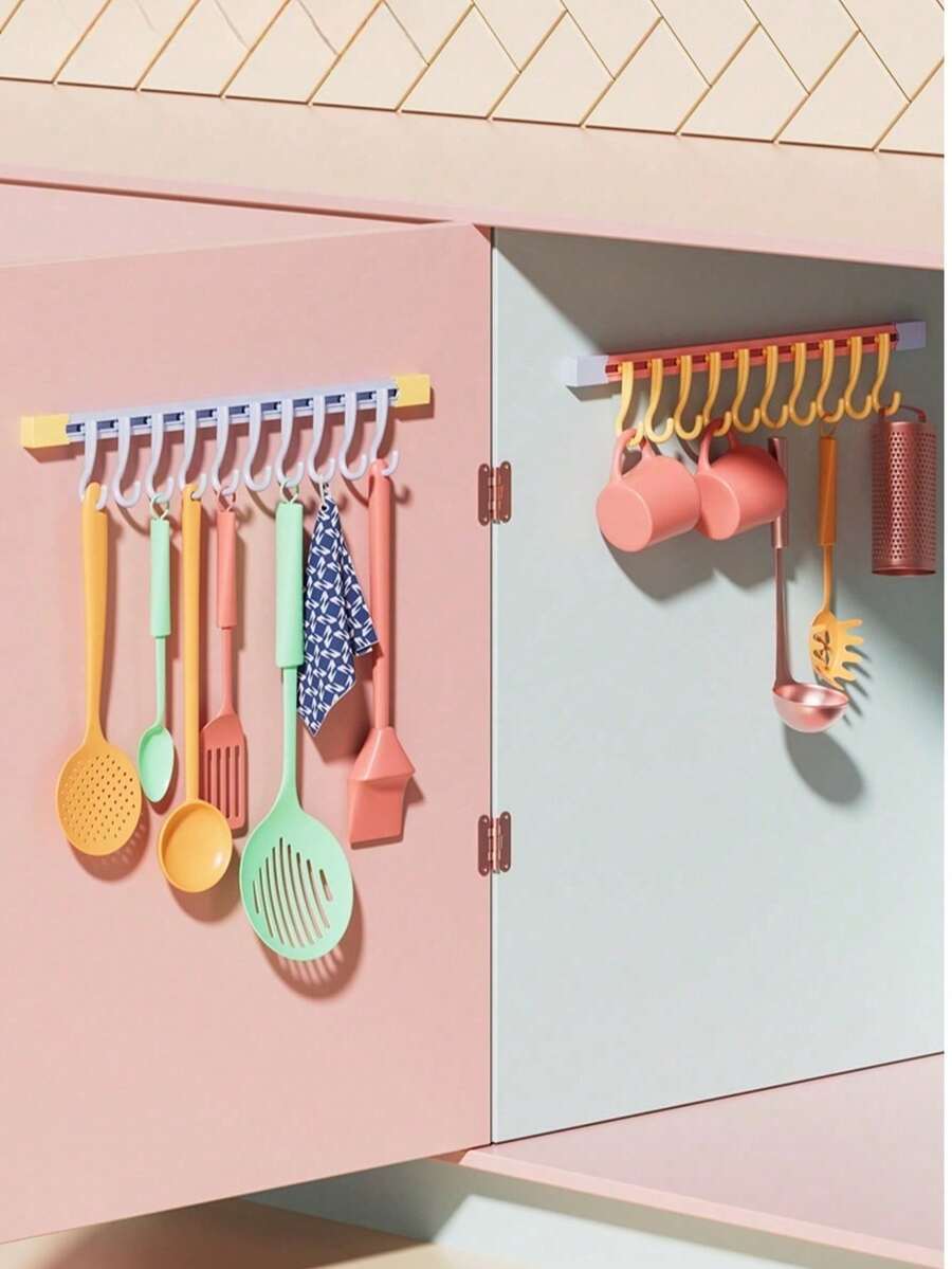 10个滑动挂钩 - 无需钻孔的墙装式挂条,间距可调节,方便DIY - 适用于厨房、浴室、门后、玄关、卧室和其他生活空间 - 彩色 - 查看 1