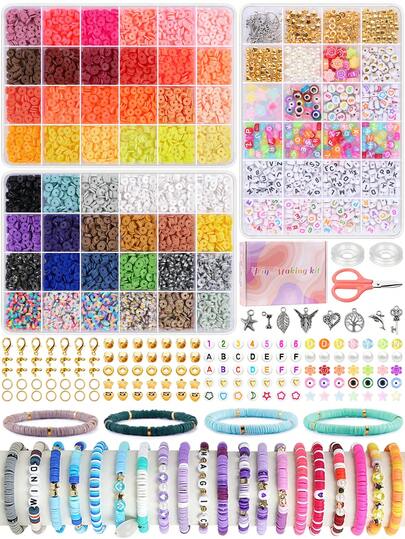 Kit para hacer pulseras con cuentas de arcilla blanda, 48 colores con accesorios, cuentas de colores para pulseras de la , cuentas y colgantes de arcilla polimérica para manualidades, regalos y joyería DIY