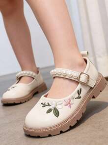 1 Pasang Sepatu Mary Jane Putri Gaya Cina dengan Bordir Mutiara untuk Anak Perempuan, Sepatu Modis dengan Sol Lembut, Cocok untuk Usia 3-12 Tahun - Krem - View 5