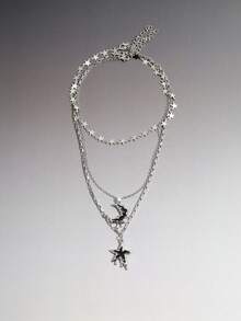 3pcs Y2K Streetwear Chic Girl Sweet Drip Oil Star Moon Silver Star Sequin Chain Necklace Set