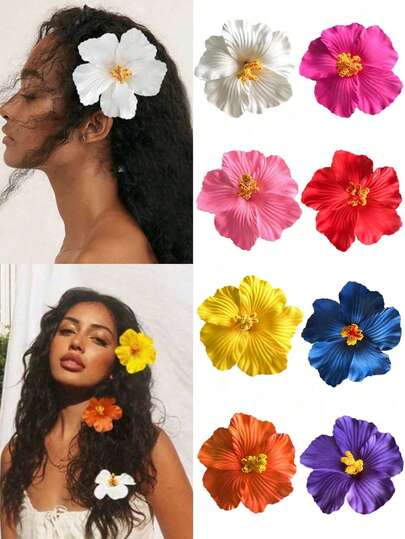 8pcs/Set Tropical Hibiscus Flower Hair Clips, Suitable For Women And Girls, Large Multicolor Artificial Floral Hair Clips, Bohemian Style Hair Accessories, Ideal For Summer Beach Vacation, Hawaiian Theme Party, Wedding Favors And Valentine's Day, Claw Clips, Hair Slide, Hair Barrettes, Head Accessories, Hairpin