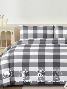 Bộ chăn ga gối 2/3 món kẻ caro đen trắng, mềm mại và thoáng khí, chống nhăn, cải thiện chất lượng giấc ngủ, phong cách khách sạn sang trọng, quà tặng cho bố mẹ và bạn bè, 1 vỏ chăn chần bông hai mặt, 1/2 vỏ gối, có các kích cỡ: Super King, King, Queen, Twin - Đen và trắng - Xem 2