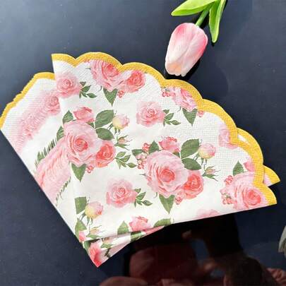 25/50张粉色玫瑰一次性餐巾纸，春季花卉图案手帕纸，适用于花园茶会、婚礼、生日、迎婴派对、情人节、周年纪念主题派对桌面装饰