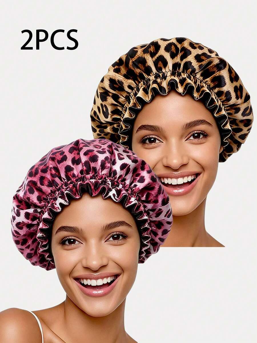 2pcs Women's New Leopard Print Ruffle Edge Double Layer Satin Sleeping Cap, Beauty Care Hat, Suitable For Daily Use Hair Sleep Cap