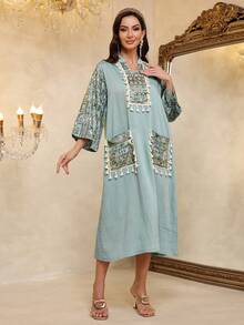 2026 New Style Ramadan Traditional Elegant Embroidered Arabic Dress With Tasseled Neckline, Contrast Stitching, Sequin Accents, Pockets, And Relaxed Flowy Long Sleeves - Green - View 6