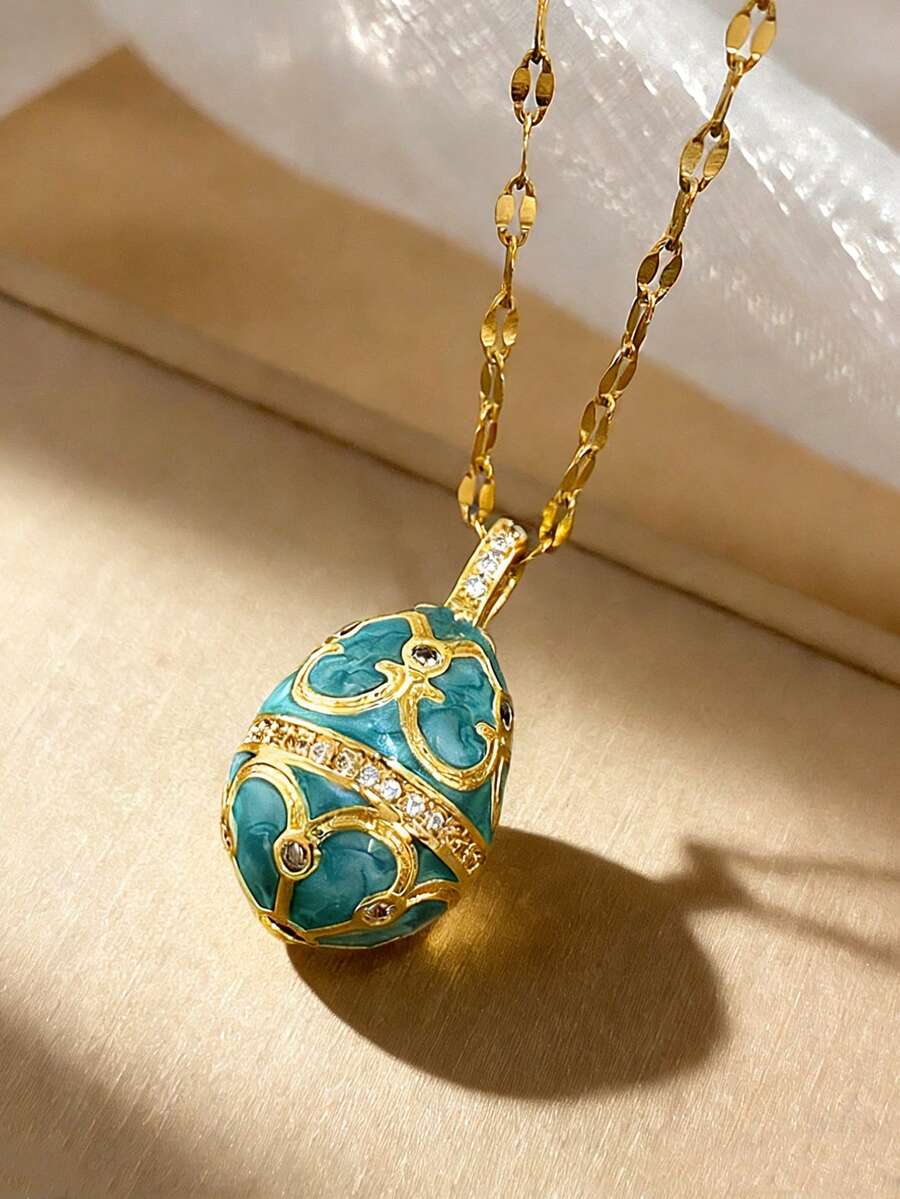 1件18K镀金绿/蓝珐琅镂空彩蛋吊坠不锈钢项链，女士多色奢华珠宝，适合复活节、情人节、派对、晚宴、日常佩戴、约会、狂欢节、新年、婚礼、海滩、圣诞节、周年纪念日、优雅妈妈礼物、波西米亚风珠宝、生日礼物、伴娘礼物 - 彩色 - 查看 1