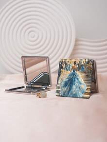 1件装艺术油画风格人像系列折叠式化妆镜，轻巧超薄，便携手持镜，耐用PU皮革材质，适用于多种场景，折叠式方形小镜，方便携带，口袋镜，芭蕾舞者、花田、房屋、猫、女孩、情侣肖像等独特设计，印刷精准细腻，折叠结构，经久耐用，防摔，方便手持，180°翻盖，多功能 - 彩色 - 查看 3