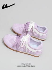 1双 WARRIOR 女士厚底系带软底休闲鞋，低帮户外平底鞋，圆头低跟防滑纯色优雅软底徒步鞋，适合学生、毕业照、平底鞋、低帮皮质运动滑板鞋 - 淺紫色/米 - 查看 5