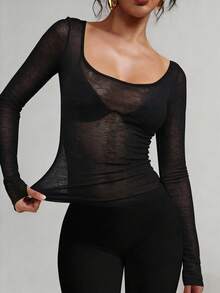 FLEXCHIC 弹力透视长袖圆领修身休闲上衣 - 黑色 - 查看 3