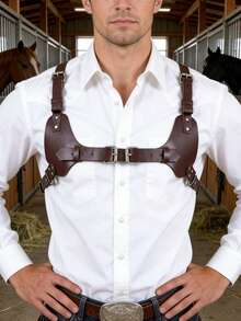 1PC PU Leather Harnesses Suspenders Men's Western Cowboy Style Leather Shoulder Harness Strap Adjustable One-Piece Outfit Accent - Brown - View 1
