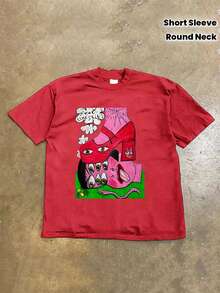 Camiseta de Cuello Redondo con Diseño Divertido y Creativo, Algodón Puro, Manga Corta de Moda para Verano, Estilo Casual para Uso Diario - [Rojo] - Ver 1