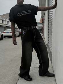 Men's Loose Fit Jeans, Cross Embroidered Jeans, Pocket Embroidered Jeans, Y2K Hip Hop Rock Baggy Wide Leg Jeans, Street Fashion Trendsetter Jeans - Black - View 3