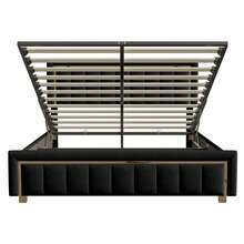 ZSSWSS Cama tapizada con canapé 140/160x200cm, canapé para adultos, con palanca hidráulica, cama doble con cabecero vertical texturizado, adecuada para adolescentes y adultos, somier de láminas, terciopelo, color negro - Negro - Ver 10
