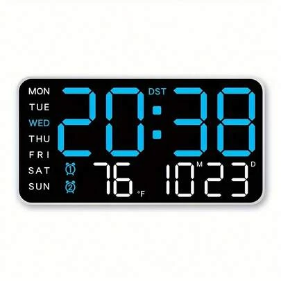 Reloj de pared digital con pantalla LED grande con calendario, día de la semana, temperatura, función de despertar por voz, brillo ajustable, reloj rectangular con hora de 12/24, alimentación USB con función de una sola campana - Reloj de plástico con tema de fantasía con acabado blanco